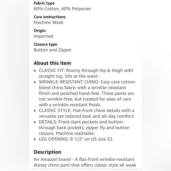 Amazon Essentials Men's Wrinkle Resistant Khaki Pants size 29x32 - Picture 7 of 7